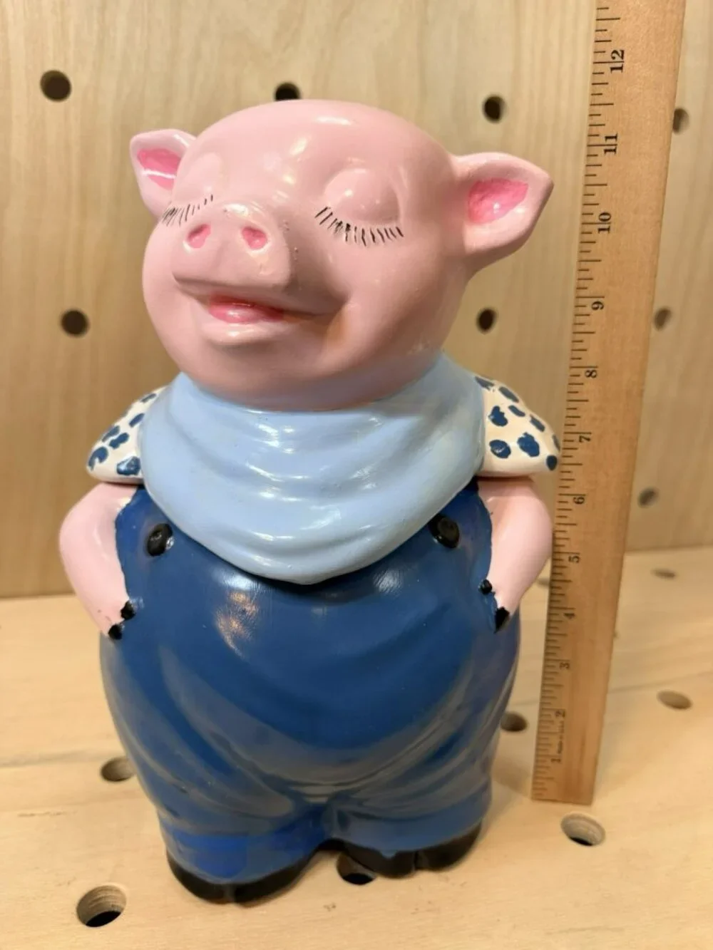 Vintage 1940's Shawnee Pottery Smiley Pink Pig Cookie Jar Blue Scarf Pants RARE